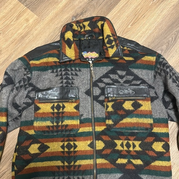 Easy Riders Leather Wool Jacket Motorcycle Native Navajo Aztec Print M vintage - Picture 2 of 13